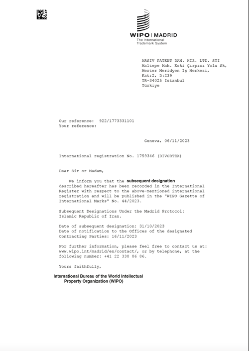 Divortex Trademark Registration Certificate (WIPO)
